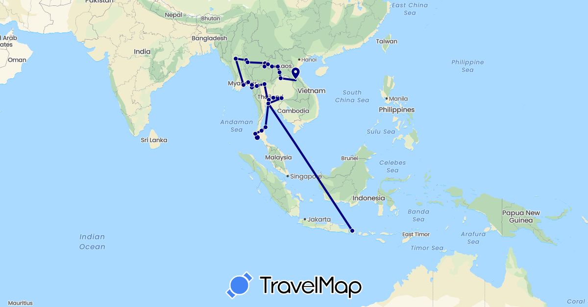 TravelMap itinerary: driving in Indonesia, Laos, Myanmar (Burma), Thailand (Asia)